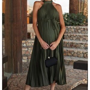 Olive Pleated Maternity Halter Dress
